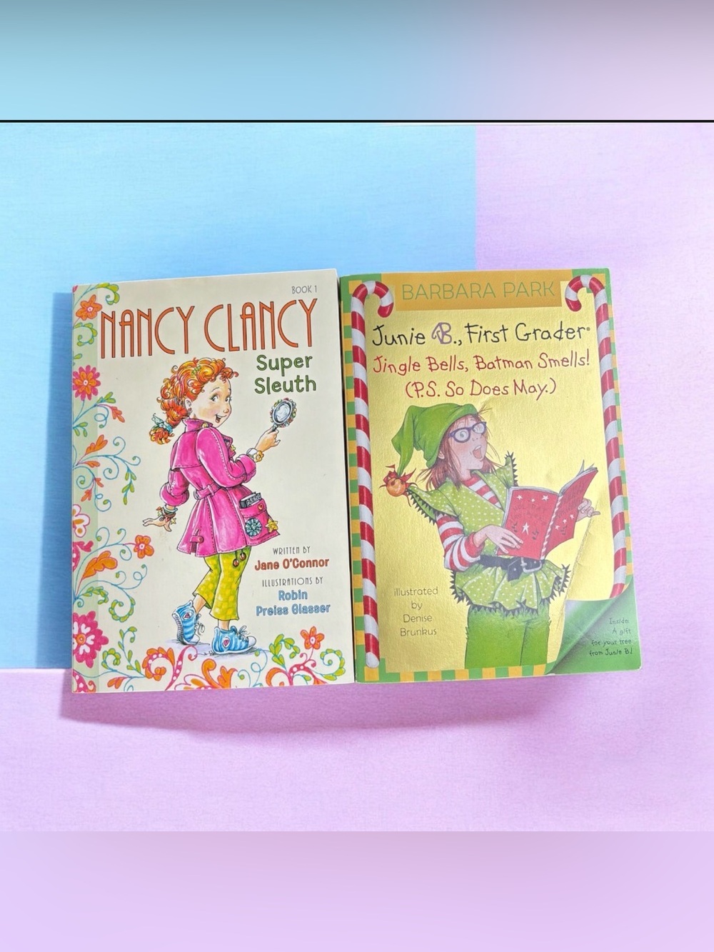 Set of 2 Kid's Paperback Books Nancy Clancy Super Sleuth Junie B Jingle Bells